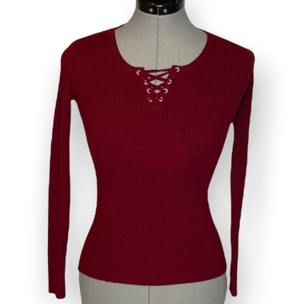 Love Culture burgundy lace up v neck sweater size Medium